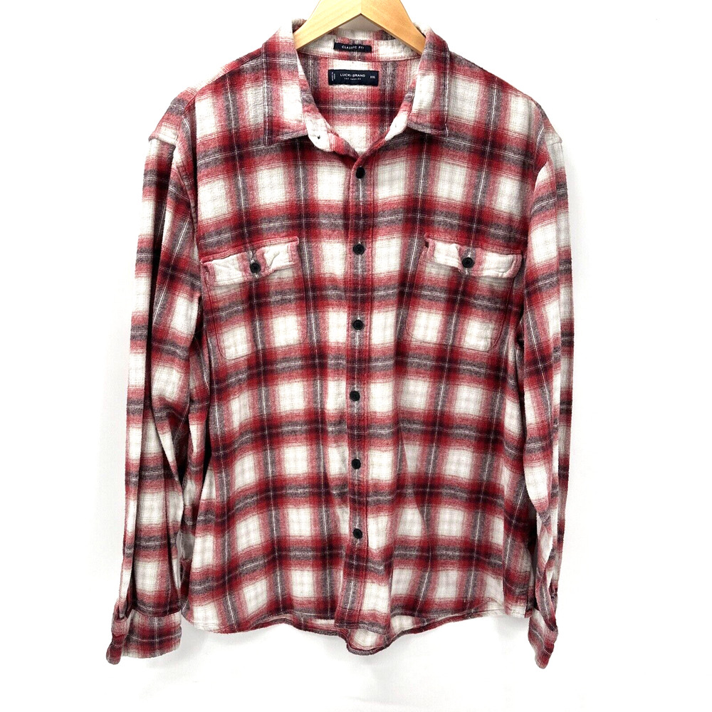 Lucky Brand Shirt Mens XXL Flannel Red White Plaid Classic Fit Button Up Cotton
